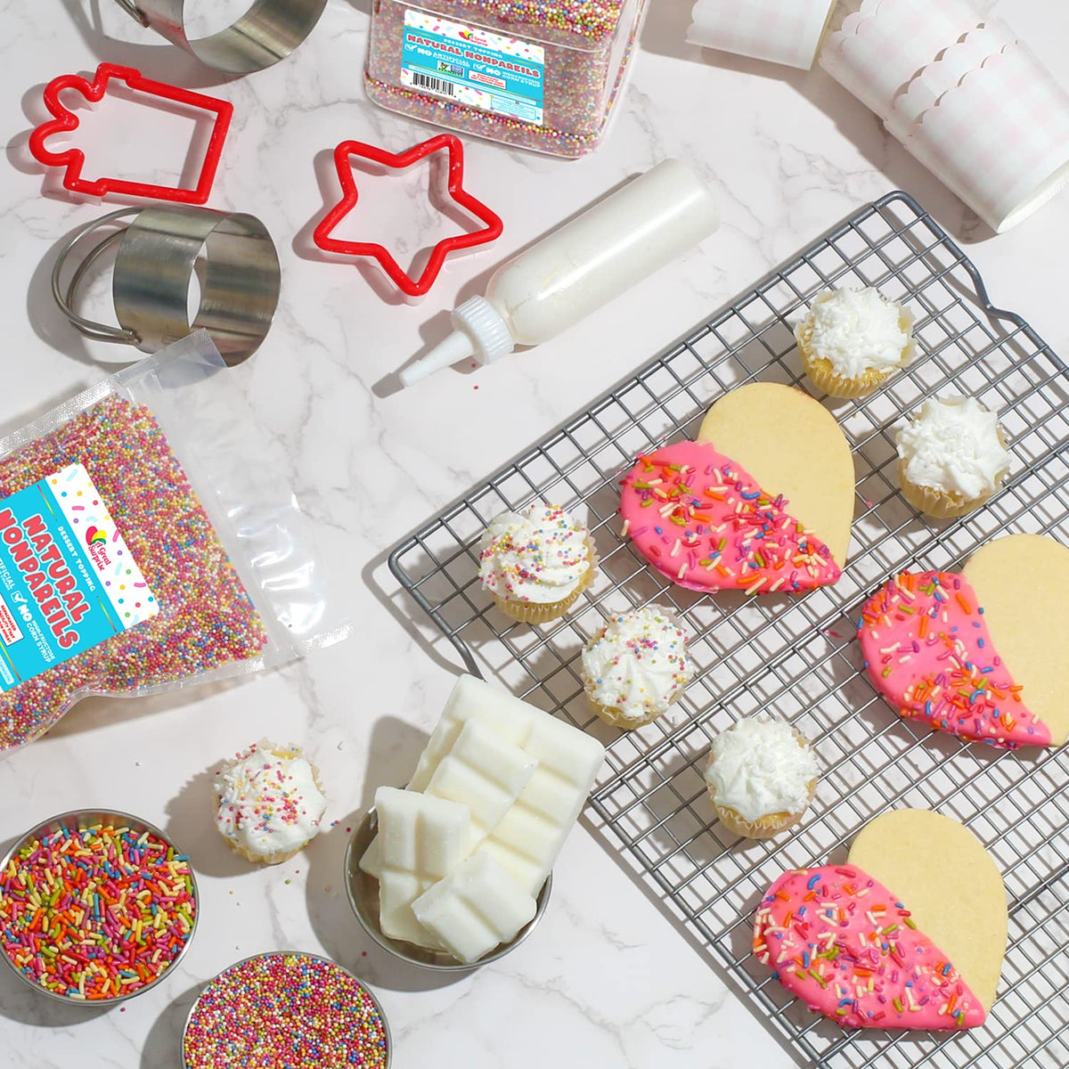 A Great Surprise dye-free sprinkles sprinkled on cookies for a vibrant finish
