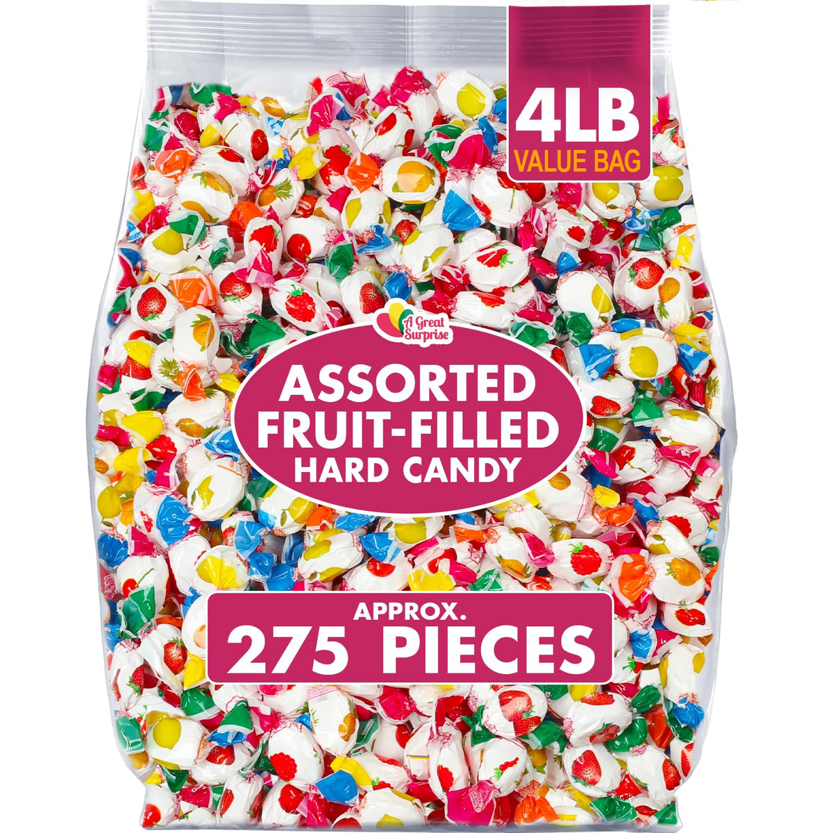 A Great Surprise fruit-filled hard candy buttons in bright colors for office snacking