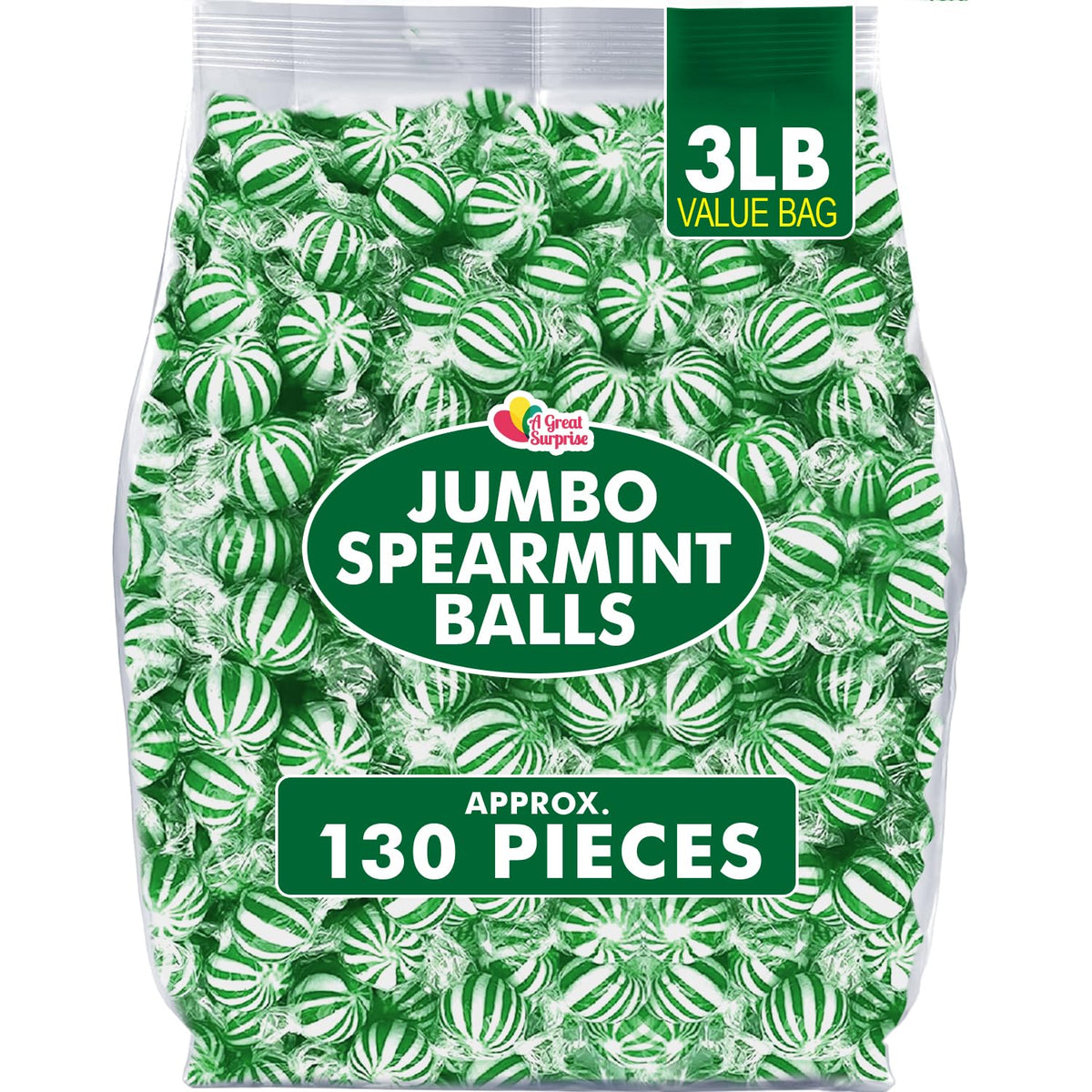 A Great Surprise jumbo spearmint mints packaging for freshness and sharing.