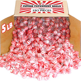 A Great Surprise peppermint candy balls 5 lb pack on display with red and white stripes