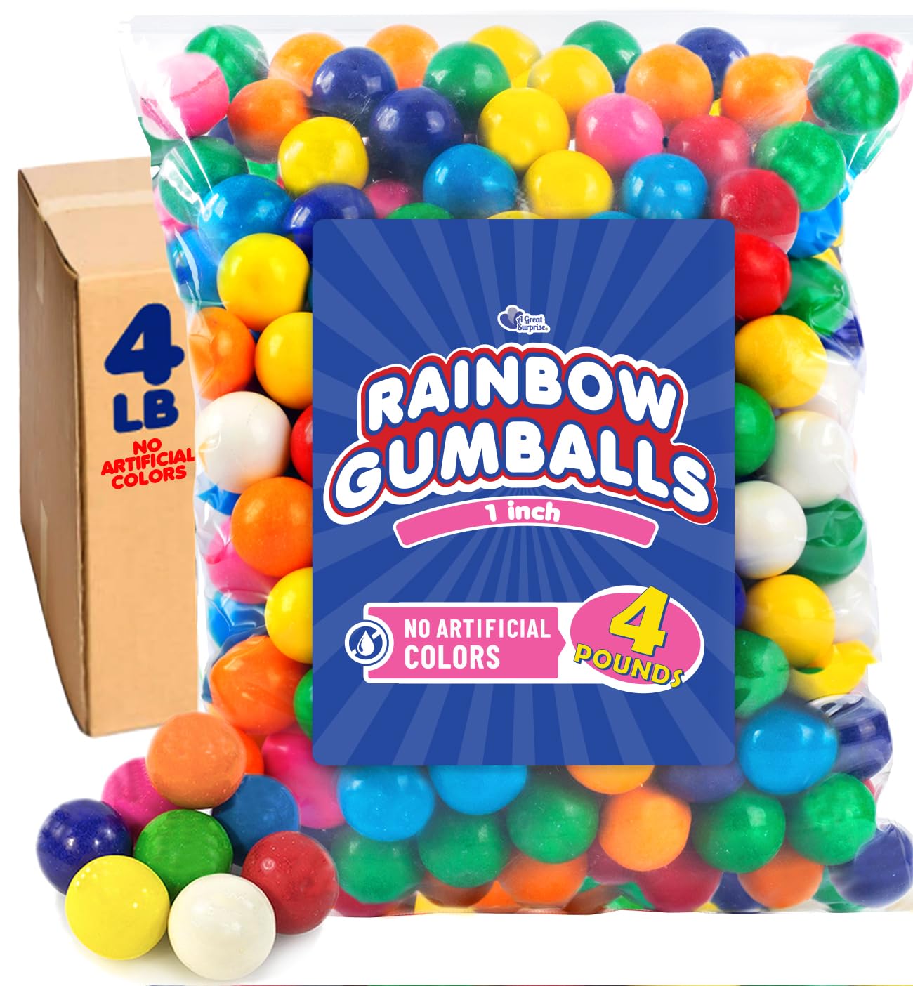 A Great Surprise rainbow 1-inch gumballs, ideal for vending machines and candy buffets.