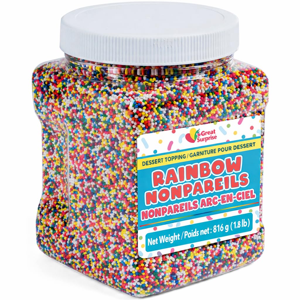 A Great Surprise Rainbow Nonpareil Sprinkles pour on ice cream for vibrant desserts