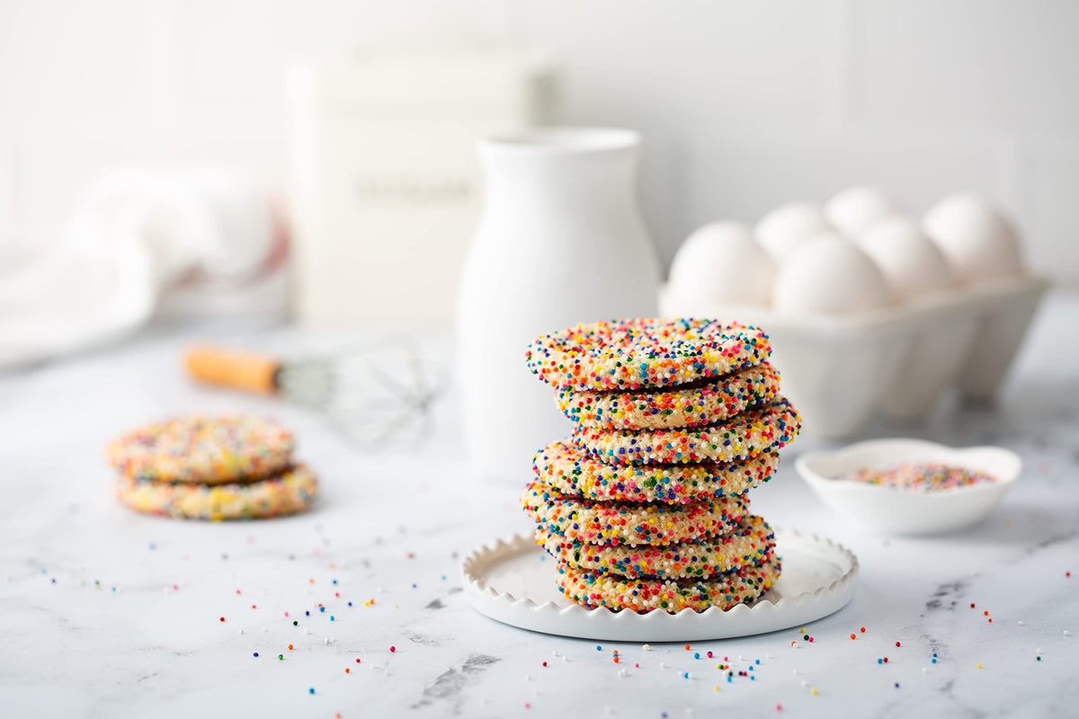 A Great Surprise Rainbow Nonpareil Sprinkles dispense evenly for quick topping