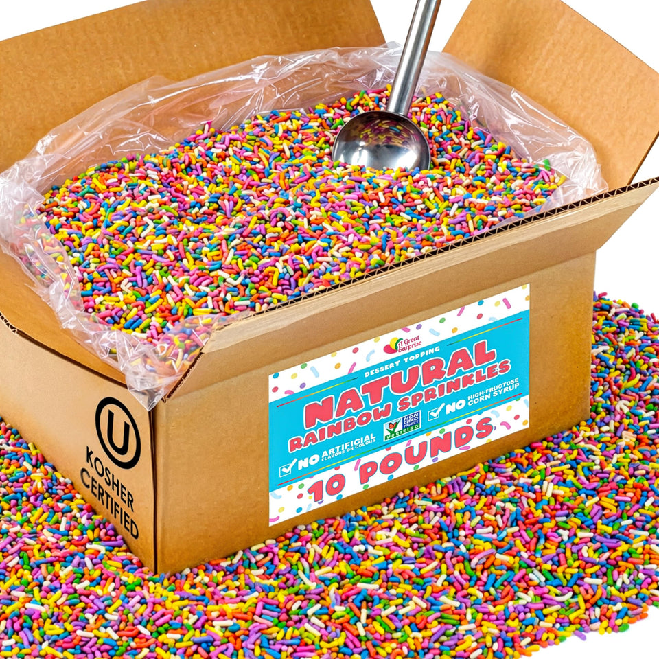 A Great Surprise rainbow sprinkles bulk bag on display for bakers and caterers