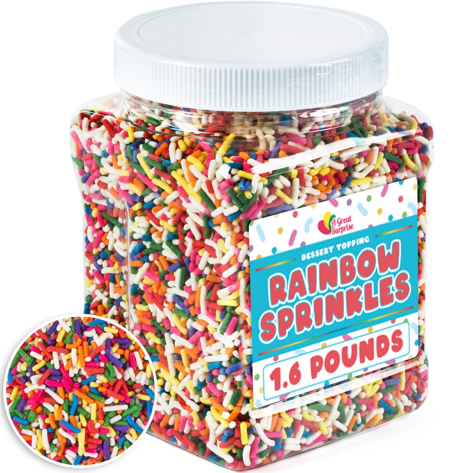 A Great Surprise rainbow sprinkles bag adds colorful flair to desserts.