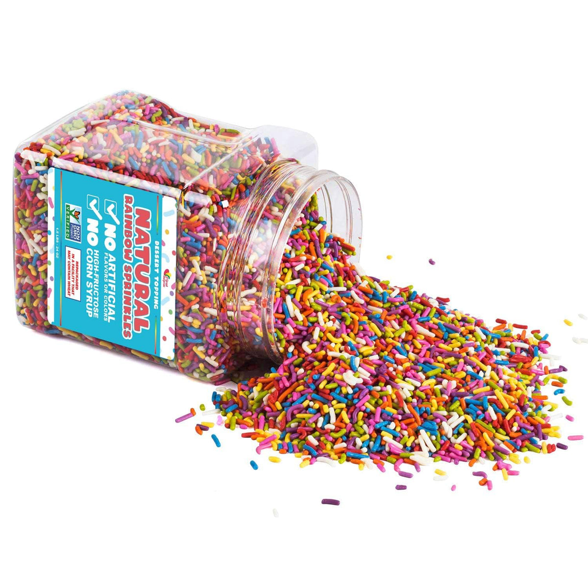 A Great Surprise rainbow sprinkles pouring closeup for cake decorating