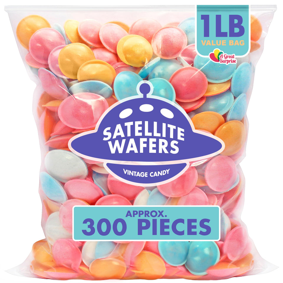 A Great Surprise Satellite Wafers UFOs; nostalgic candy in a playful flying saucer shape.