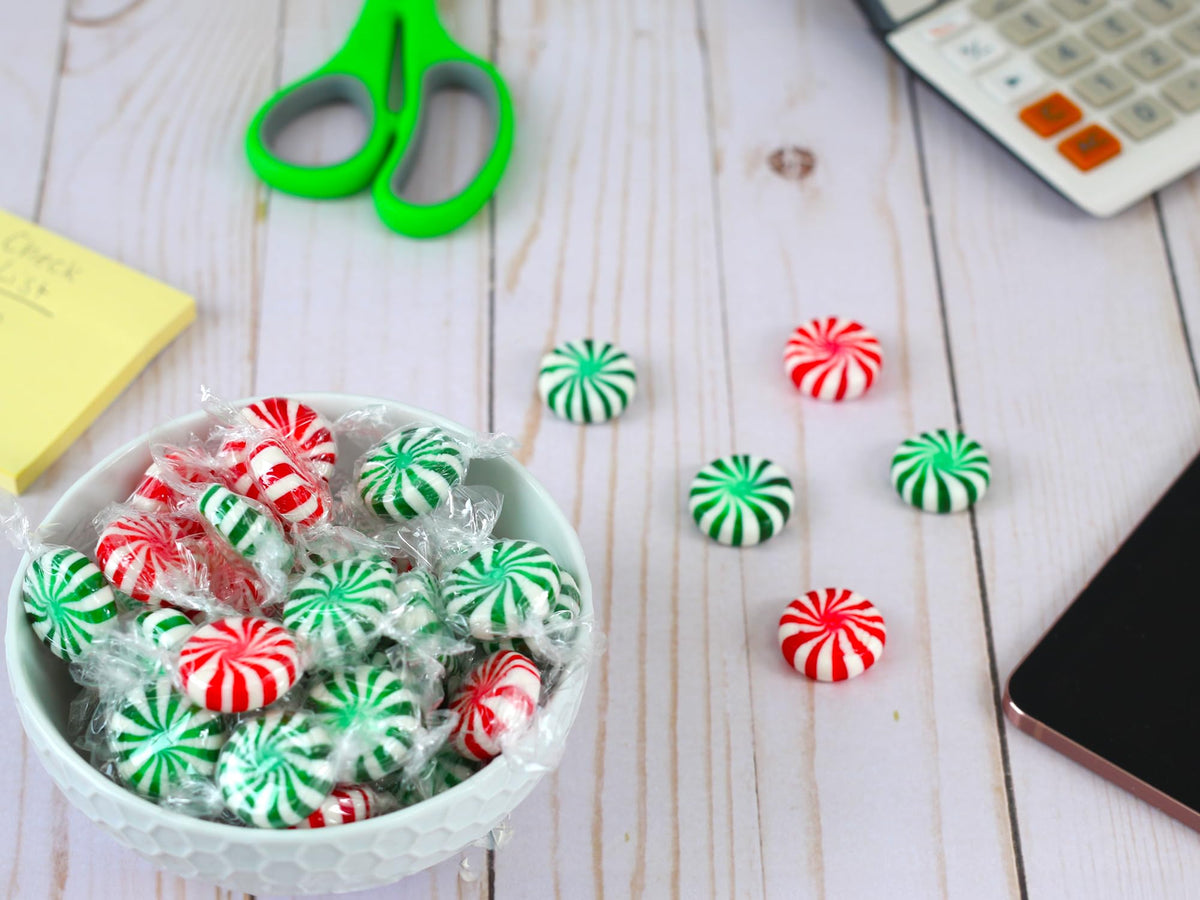 Festive red, white, and green swirl candies ideal for holiday displays.