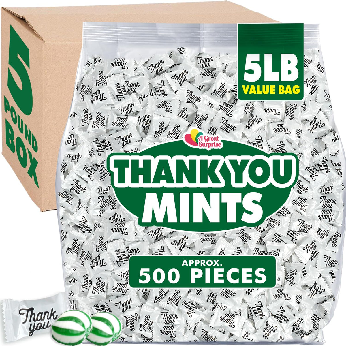 A Great Surprise Thank You hard candy mints in a 5-pound bag for hospitality