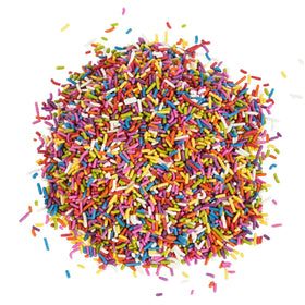 A Great Surprise vegan dye free sprinkles on a frosted cake