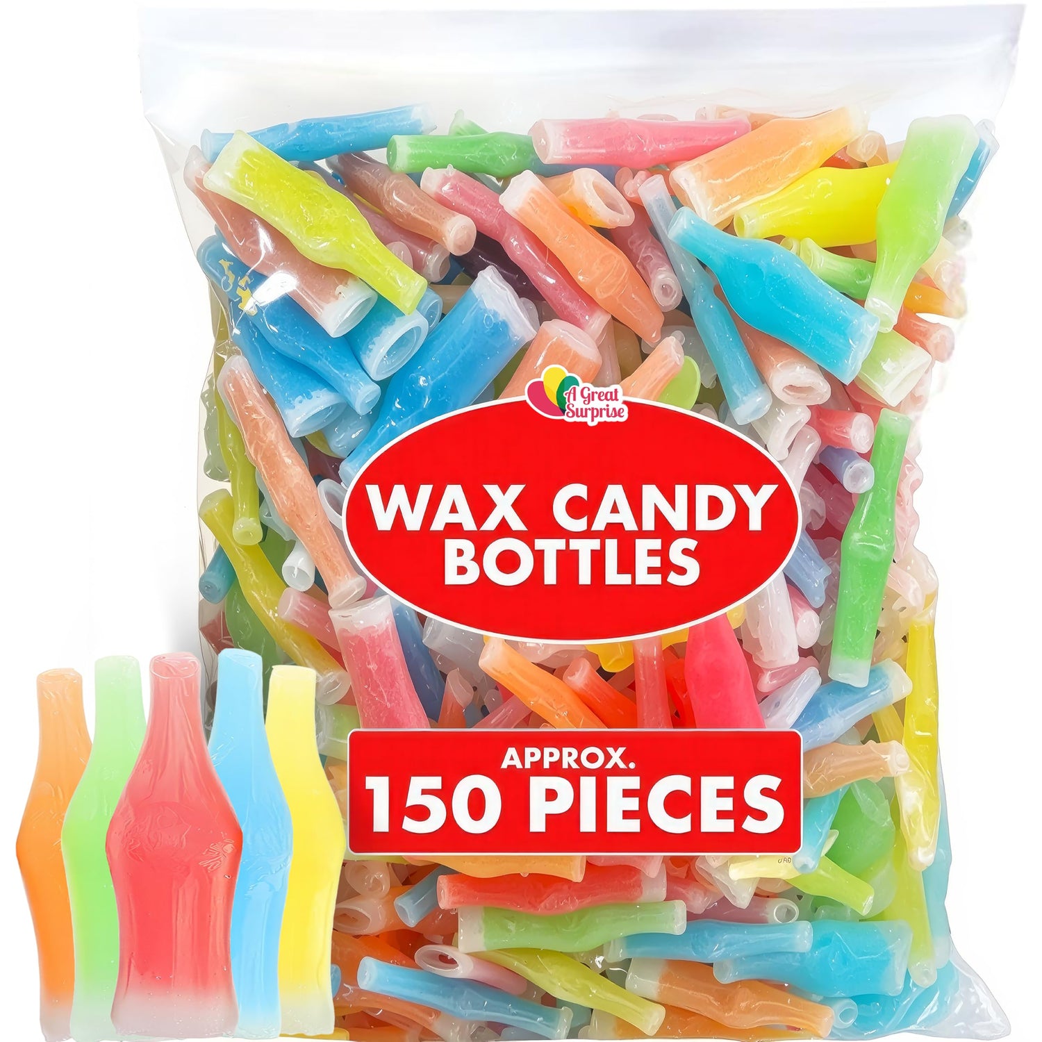 A Great Surprise wax bottle candy cherry flavor in a festive display, ideal for party treat bags.