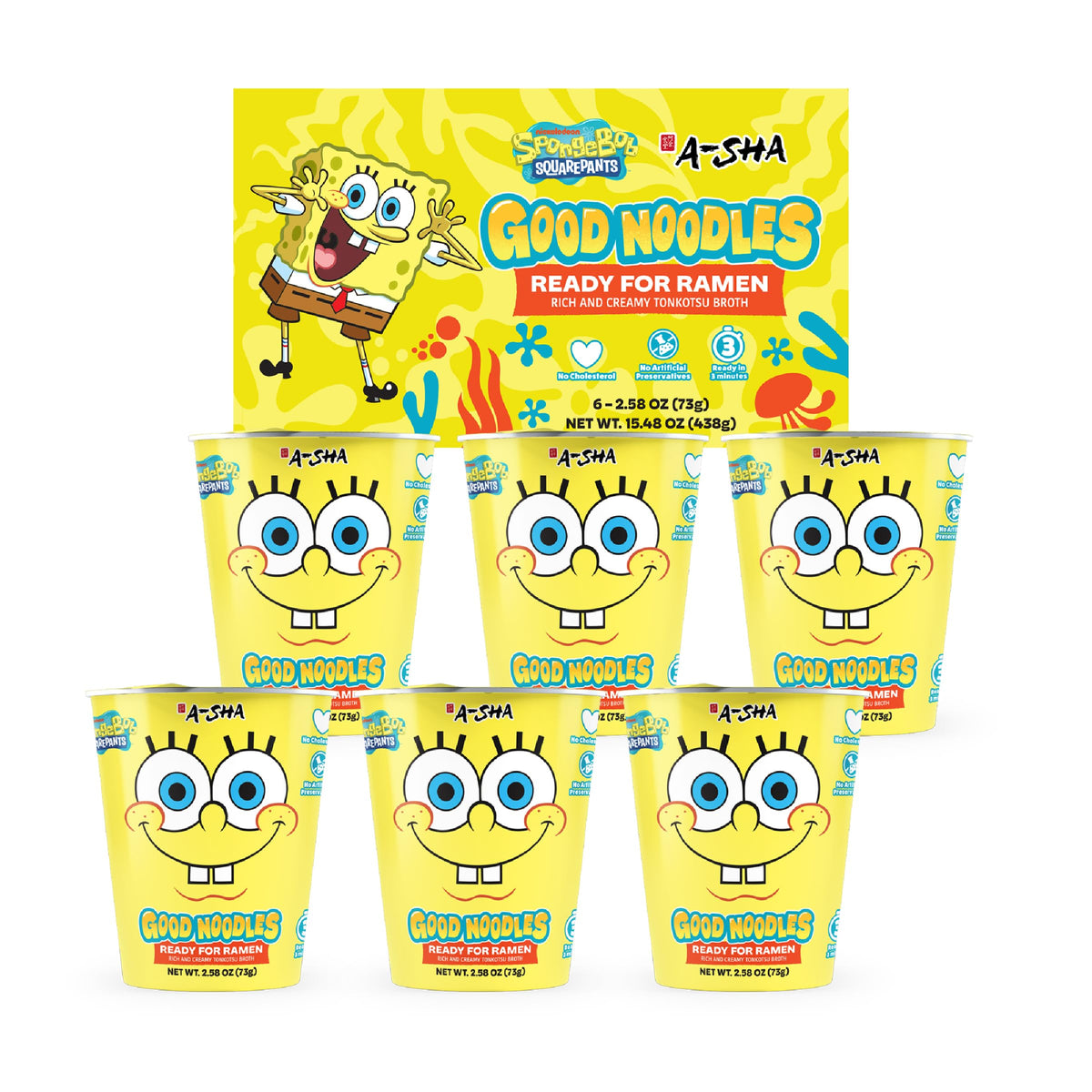 A-Sha Good Noodles SpongeBob pack front view, perfect for a quick 3-minute meal.