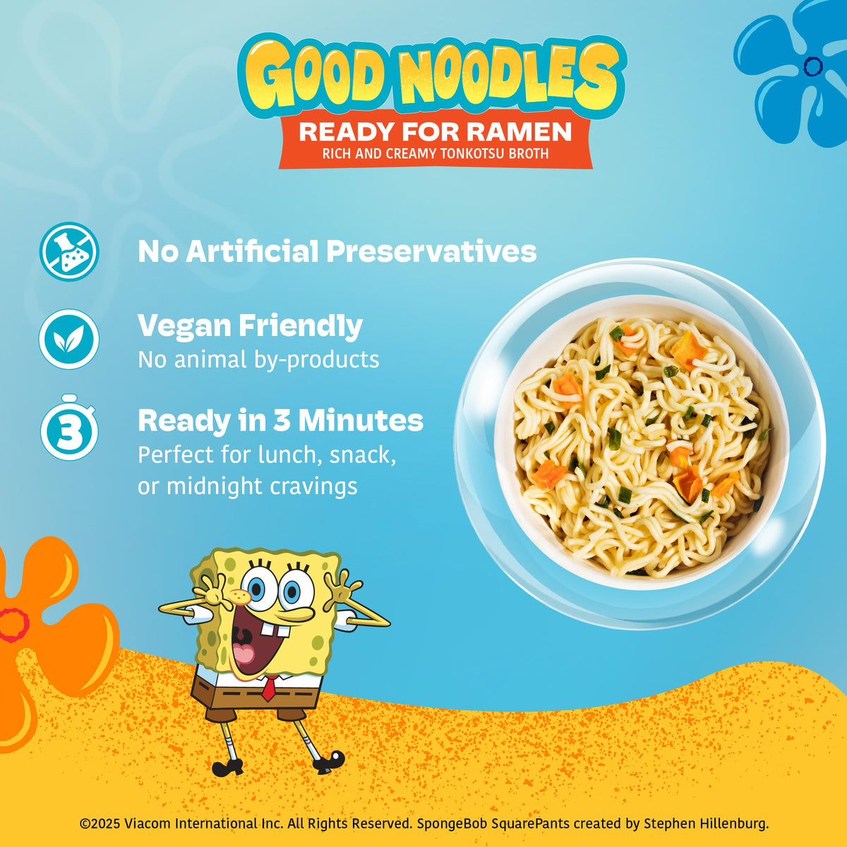 A-Sha Good Noodles pot on stove highlights a ready-in-3-minutes ramen option.