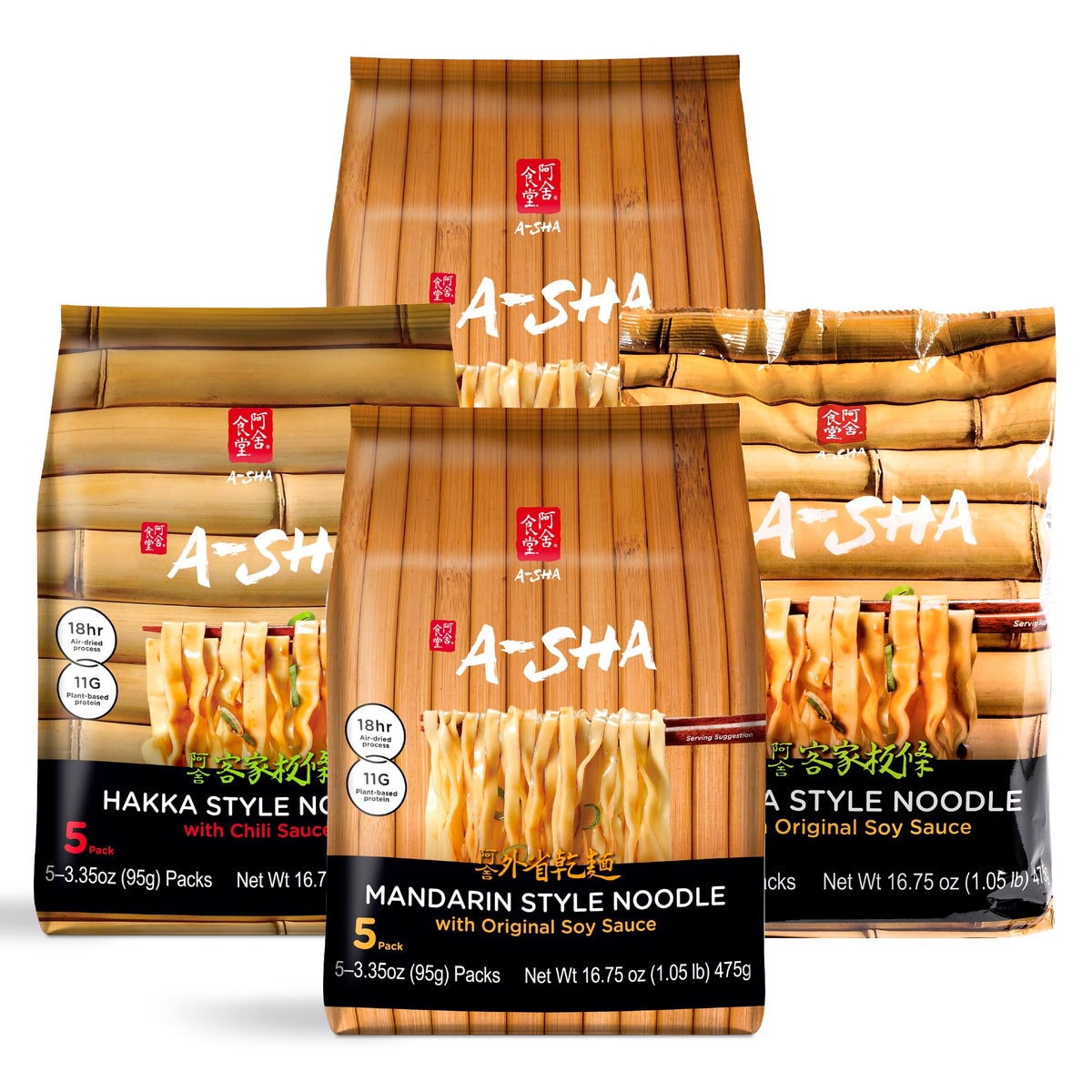 A-SHA Healthy Asian Noodles bundle display showing four flavors for quick, plant-based meals.