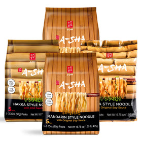 A-SHA Healthy Asian Noodles bundle display showing four flavors for quick, plant-based meals.