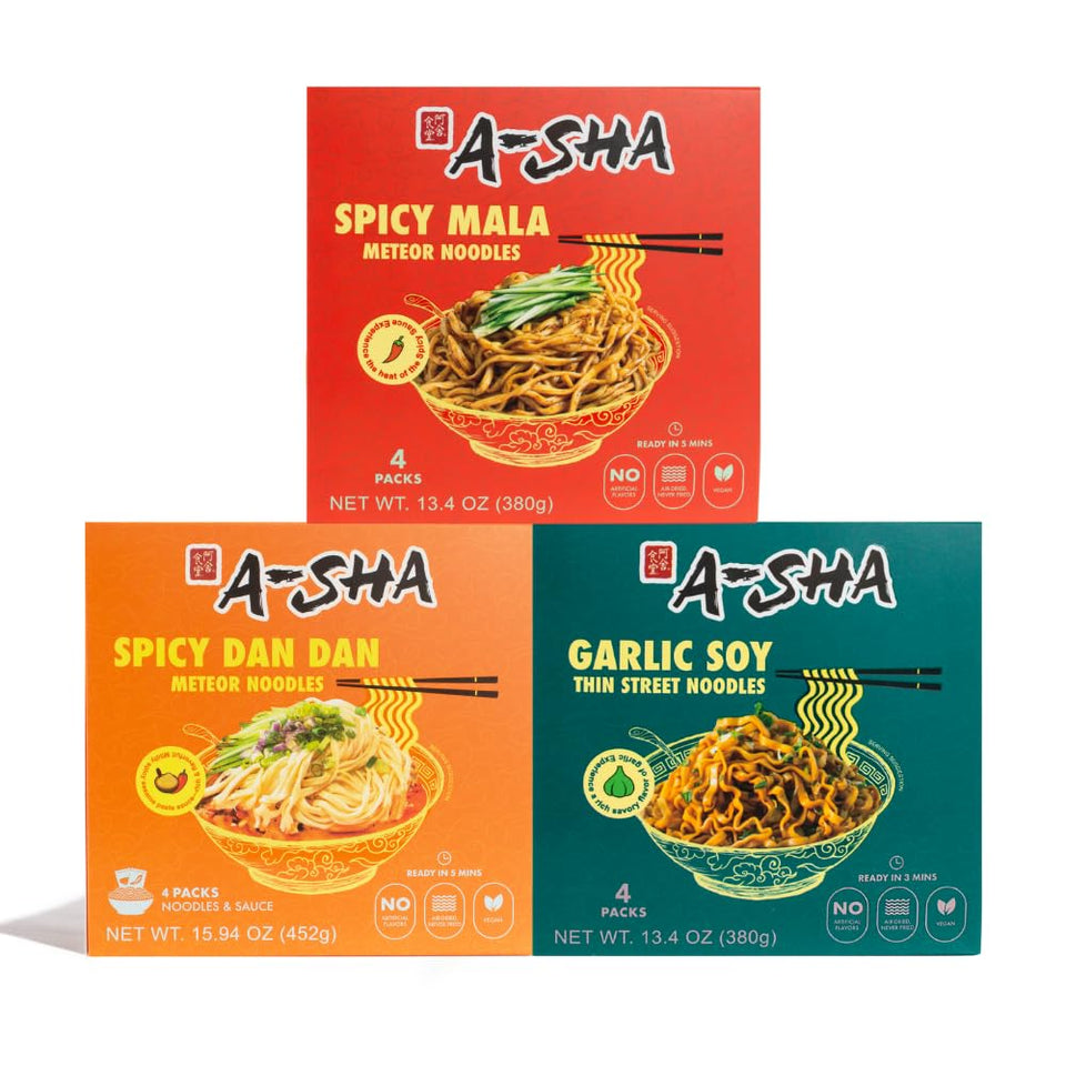 A-Sha Signature Noodles collection pack with three flavors for variety.