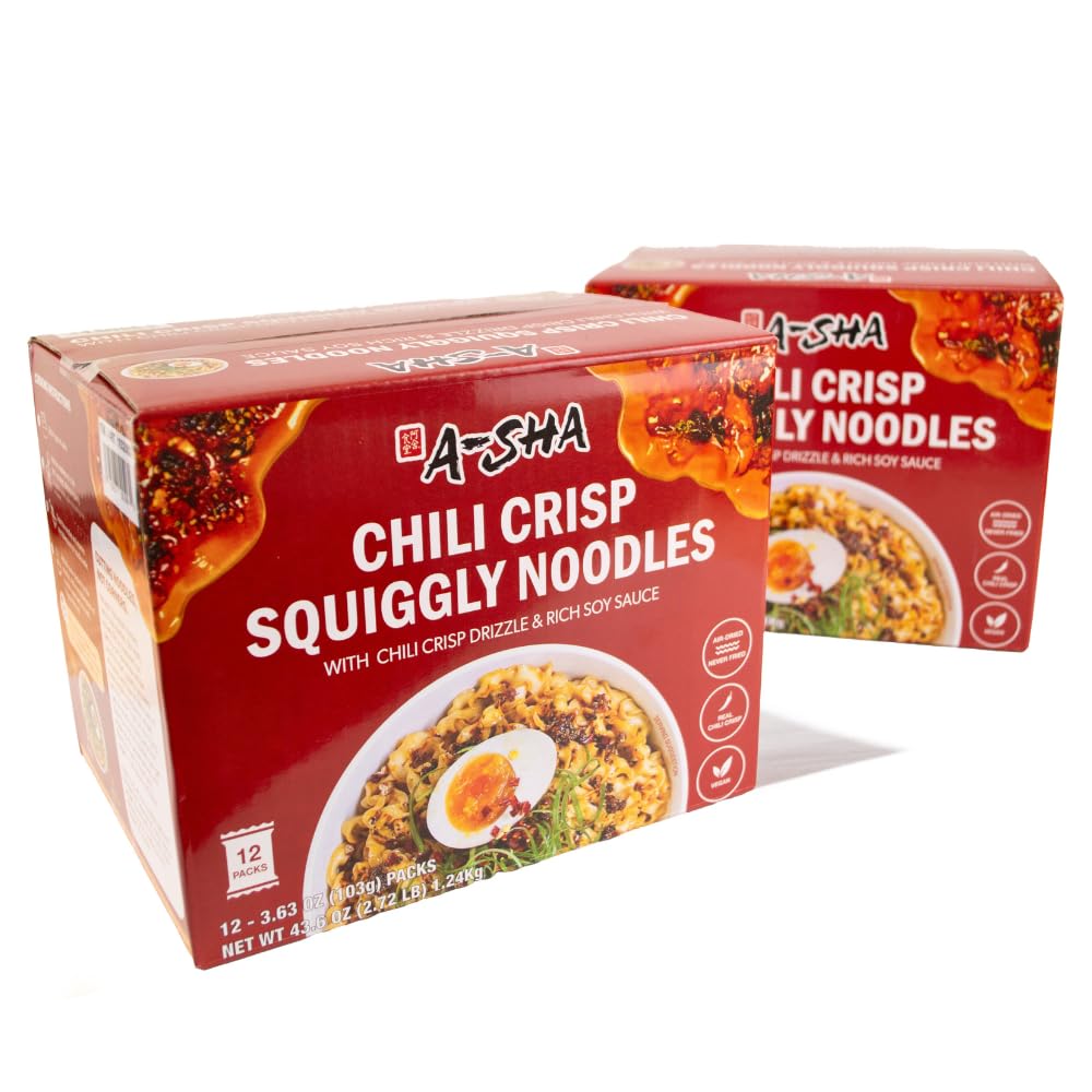 A-Sha Squiggly noodles with chili crisp drizzle for bold flavor.