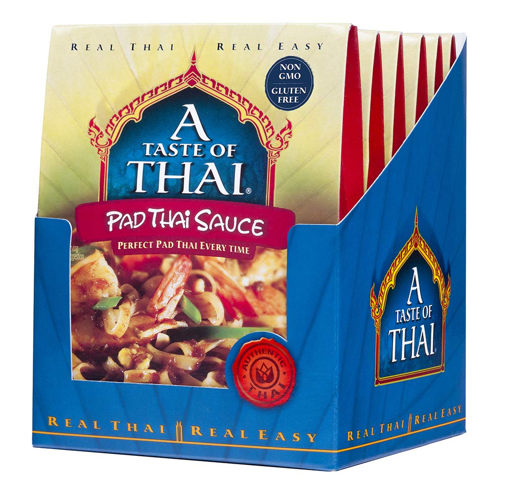 A Taste of Thai Pad Thai Sauce over a sizzling Pad Thai dish.