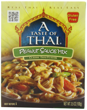A Taste of Thai Peanut Sauce Packets on a shelf, ready for quick, flavorful meals.