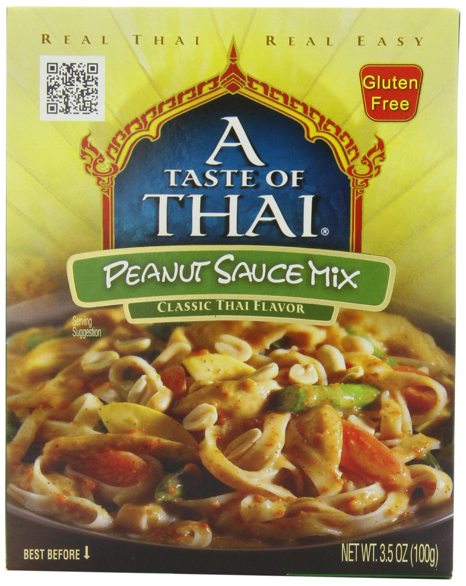 A Taste of Thai Peanut Sauce Packets on a shelf, ready for quick, flavorful meals.