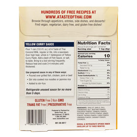 A Taste of Thai Yellow Curry Paste label highlights authentic ingredients and natural colors.