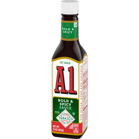 A.1 Bold & Spicy Sauce being poured for steak flavor enhancement.