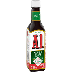 Close-up of the glossy label on A1 Bold & Spicy Sauce with Tabasco