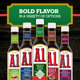 A1 Bold & Spicy Sauce with Tabasco marinades meat for richer flavor