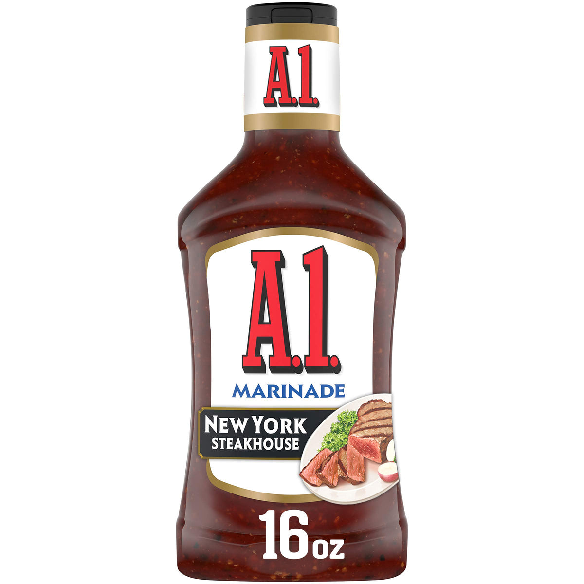 A.1. Steakhouse New York Marinade bottle front highlighting bold beef flavor.