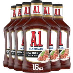 A.1. Steakhouse New York Marinade six-pack bottles on shelf for quick weeknight steaks.