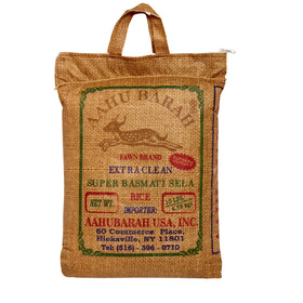 Aahu Barah Basmati Sela rice bag showing 10lb pack for premium meals.