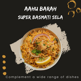 Aahu Barah Basmati Sela rice grains showing extra-long shape and quality.