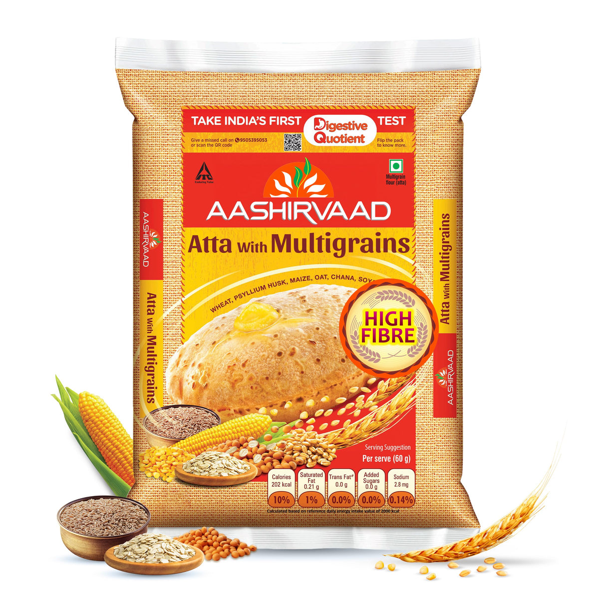 Aashirvaad Atta with Multi Grains bag-front view for versatile everyday baking.