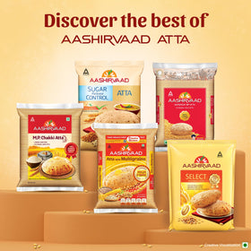 Aashirvaad Atta multi-grains ingredients-graphic shows six grains.