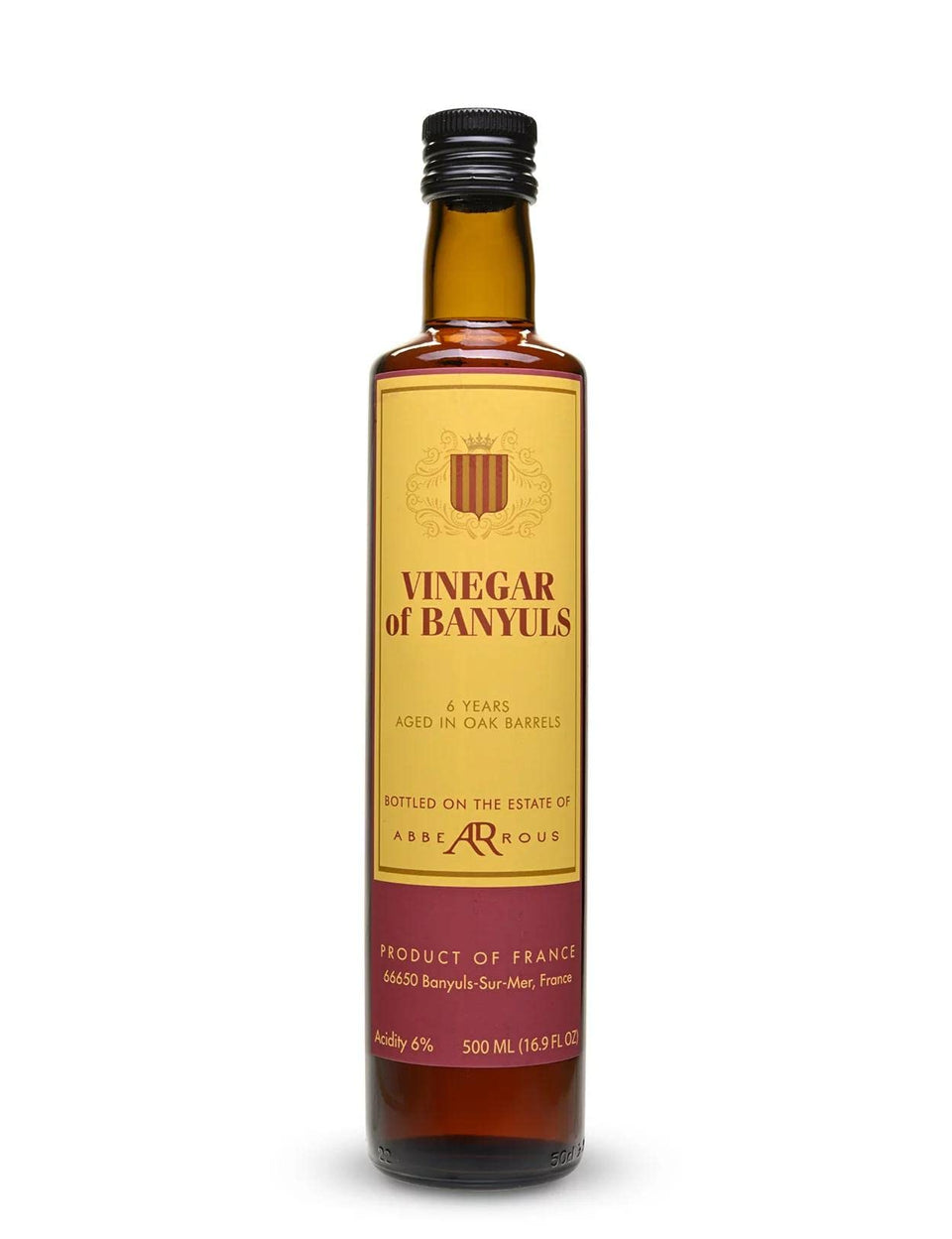 Abbe Arrous La Cave De Labbe Rous aged Banyuls vinegar bottle shows artisanal craft for refined cooking.