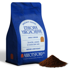 Abbotsford Road Ethiopia Yirgacheffe ground coffee packaging highlights premium single-origin flavor and gifting appeal.