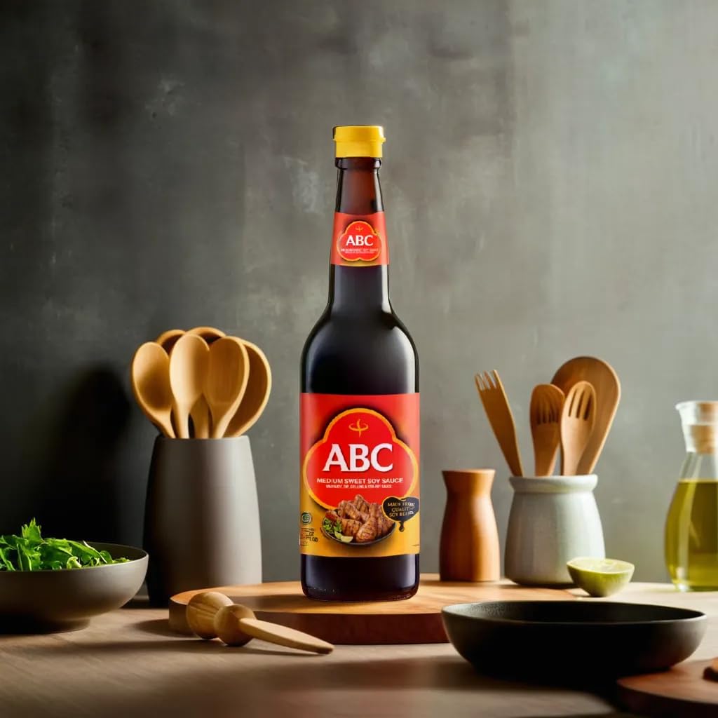 ABC Indonesian Sweet Soy Sauce pouring highlights glossy glaze ideal for dipping dumplings.