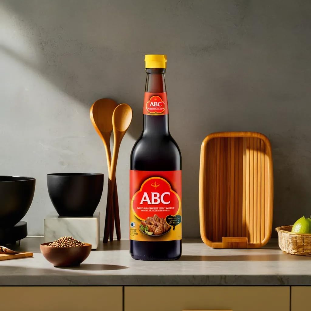 ABC Indonesian Sweet Soy Sauce with dumplings image showcases versatile glaze for vegetables.