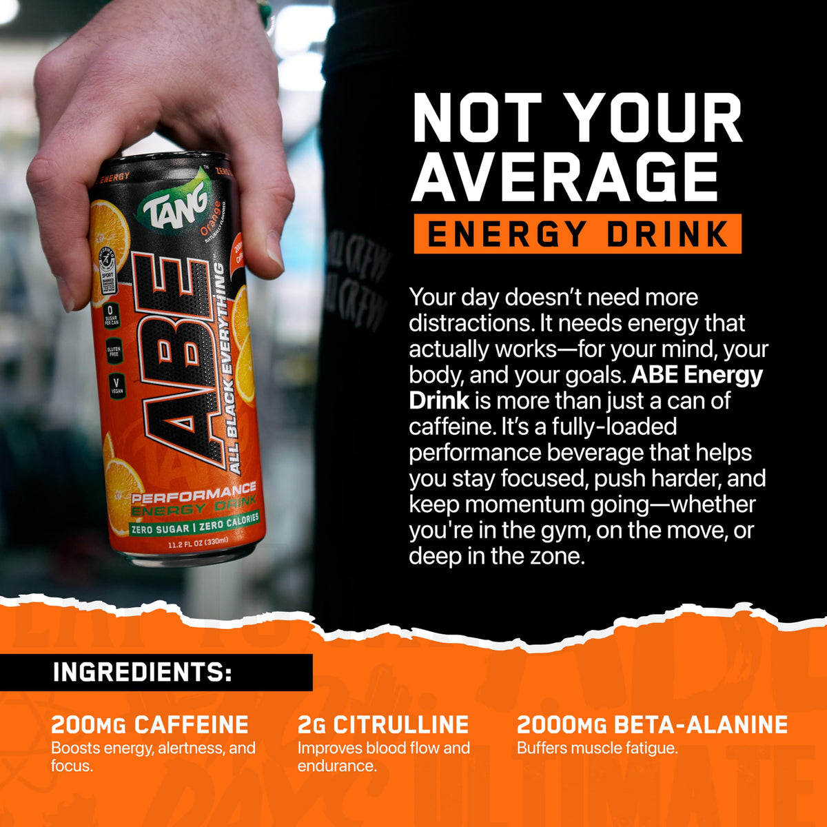 ABE All Black Everything dynamine caffeine graphic; energy blend for sustained focus.