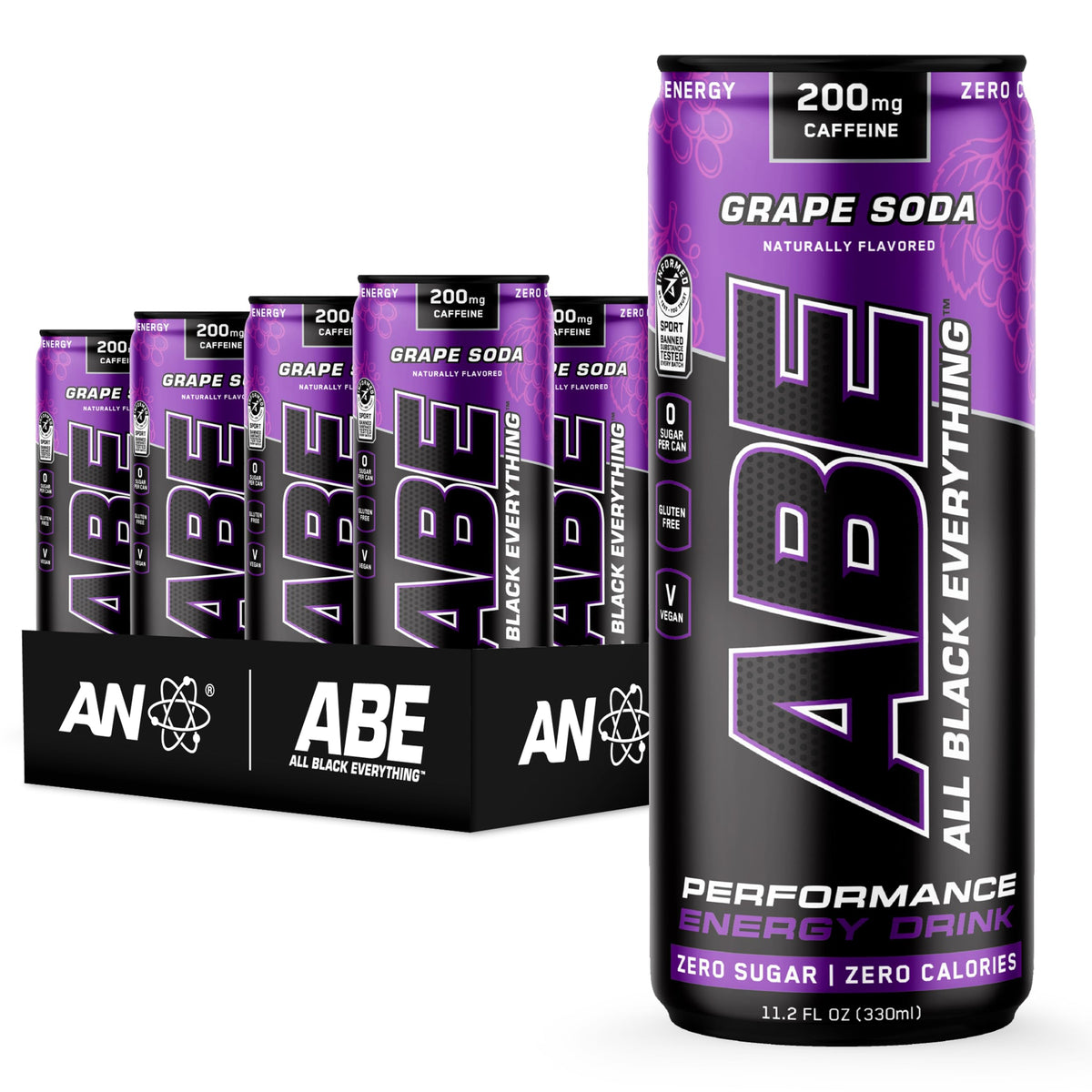 ABE All Black Everything grape soda can front view; sugar-free energy for workouts.