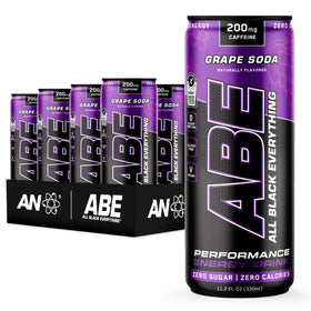 ABE All Black Everything grape soda can front view; sugar-free energy for workouts.