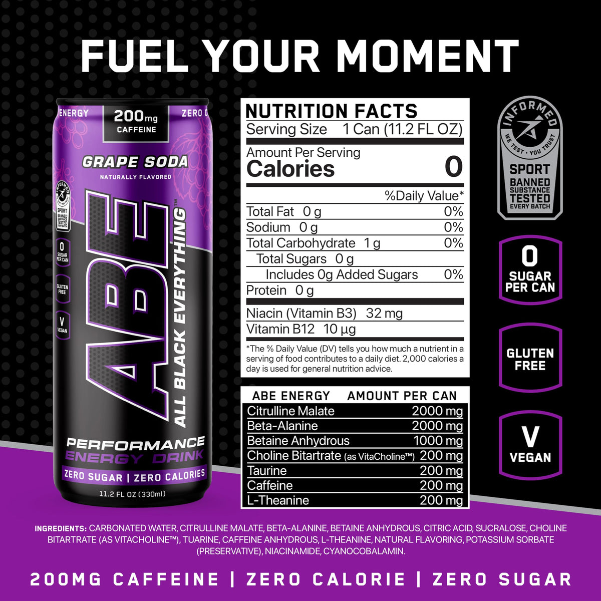 ABE All Black Everything grape soda can top view; quick hydration between reps.