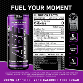 ABE All Black Everything grape soda can top view; quick hydration between reps.