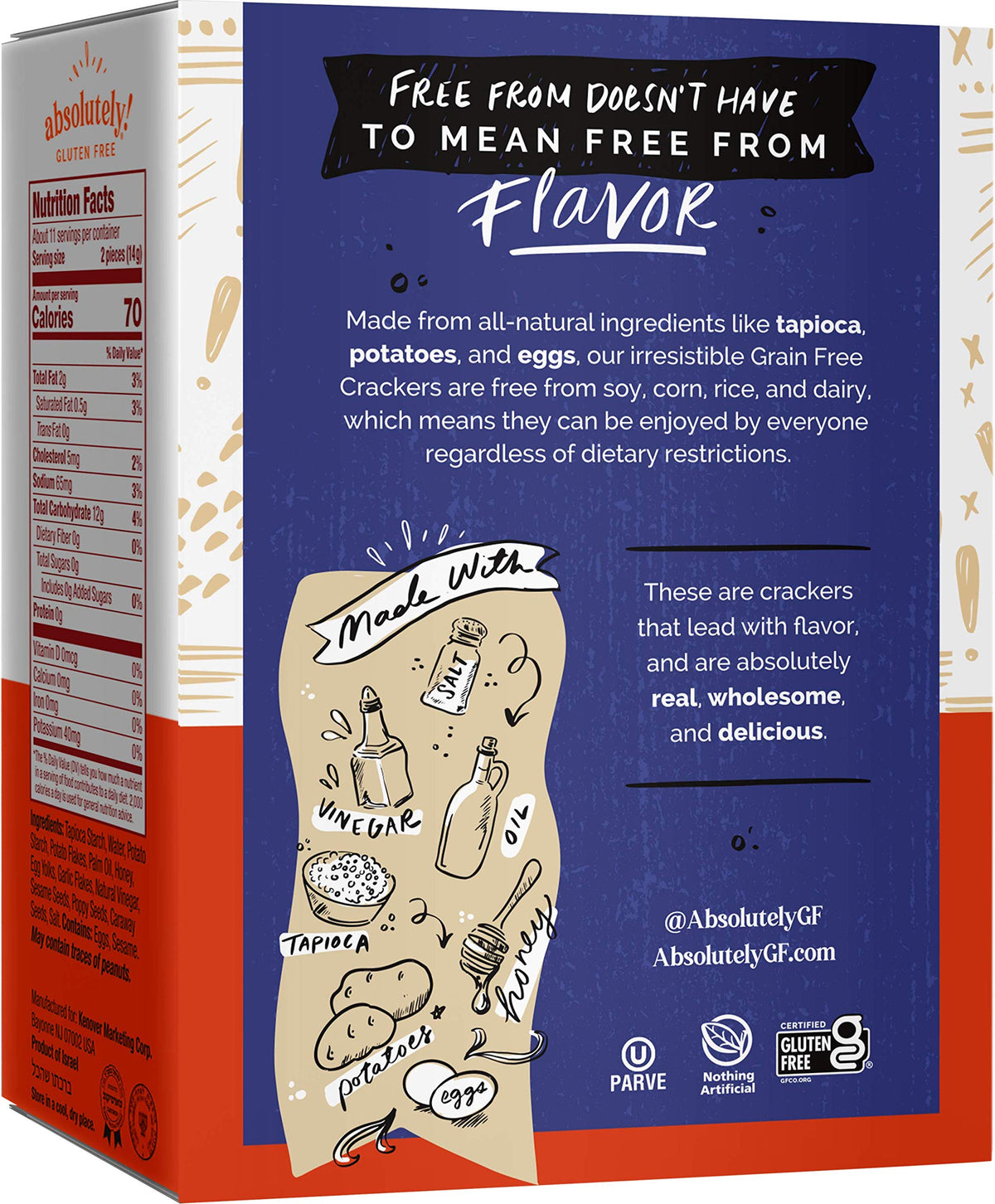 Absolutely Gluten Free Everything Flatbread ingredients panel emphasizes gluten-free convenience for diverse diets.