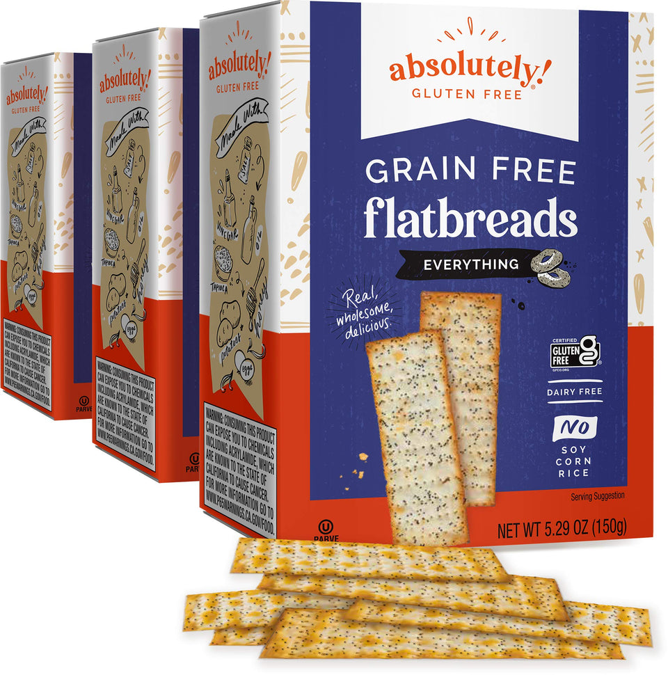 Absolutely Gluten Free Everything Flatbread pack front shows a convenient three-pack for quick meals.