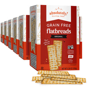 Absolutely Gluten Free Original Flatbread 12-pack box, ideal for dips and quick snacking.