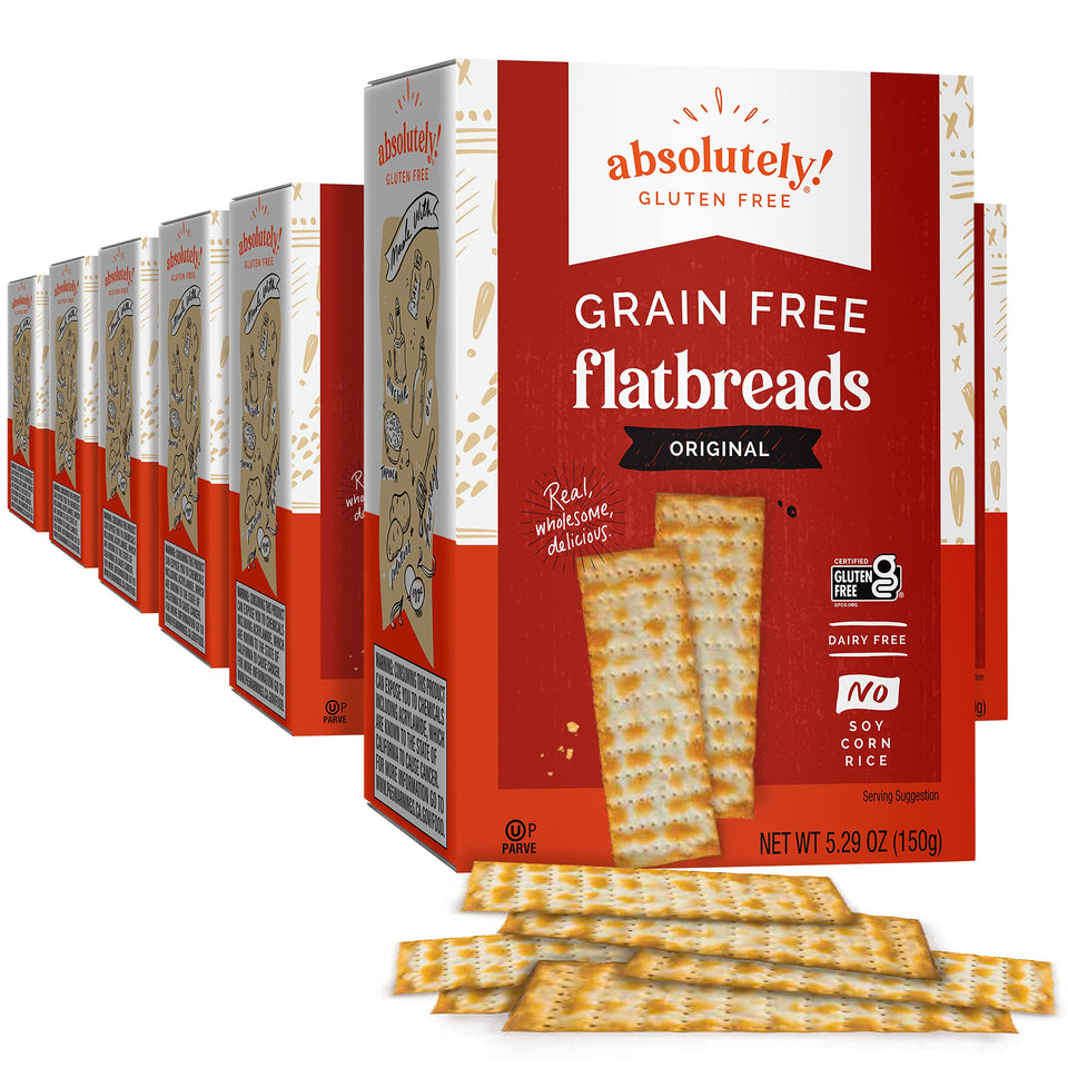 Absolutely Gluten Free Original Flatbread 12-pack box, ideal for dips and quick snacking.