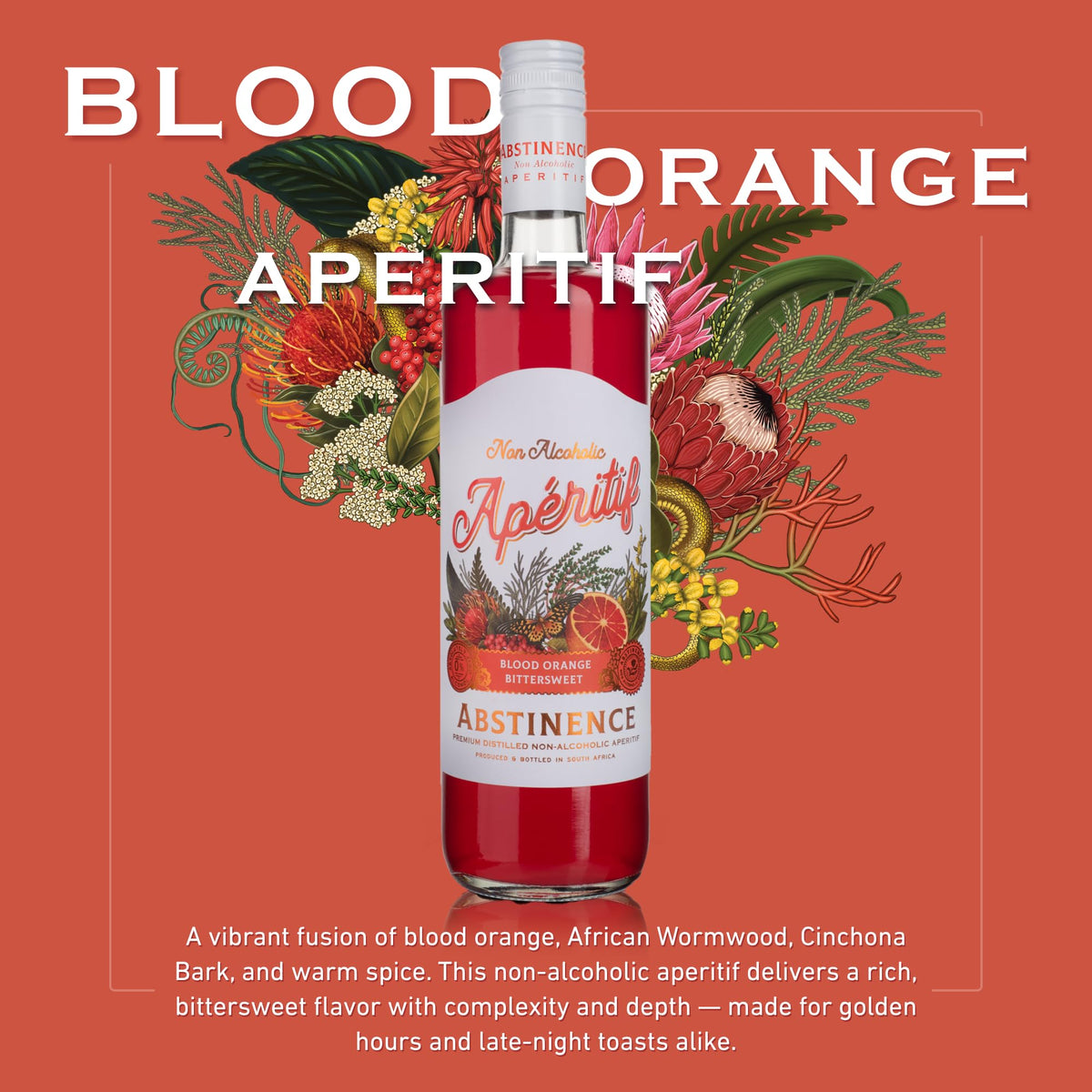 Abstinence Blood Orange Negroni-style mocktail with orange garnish.