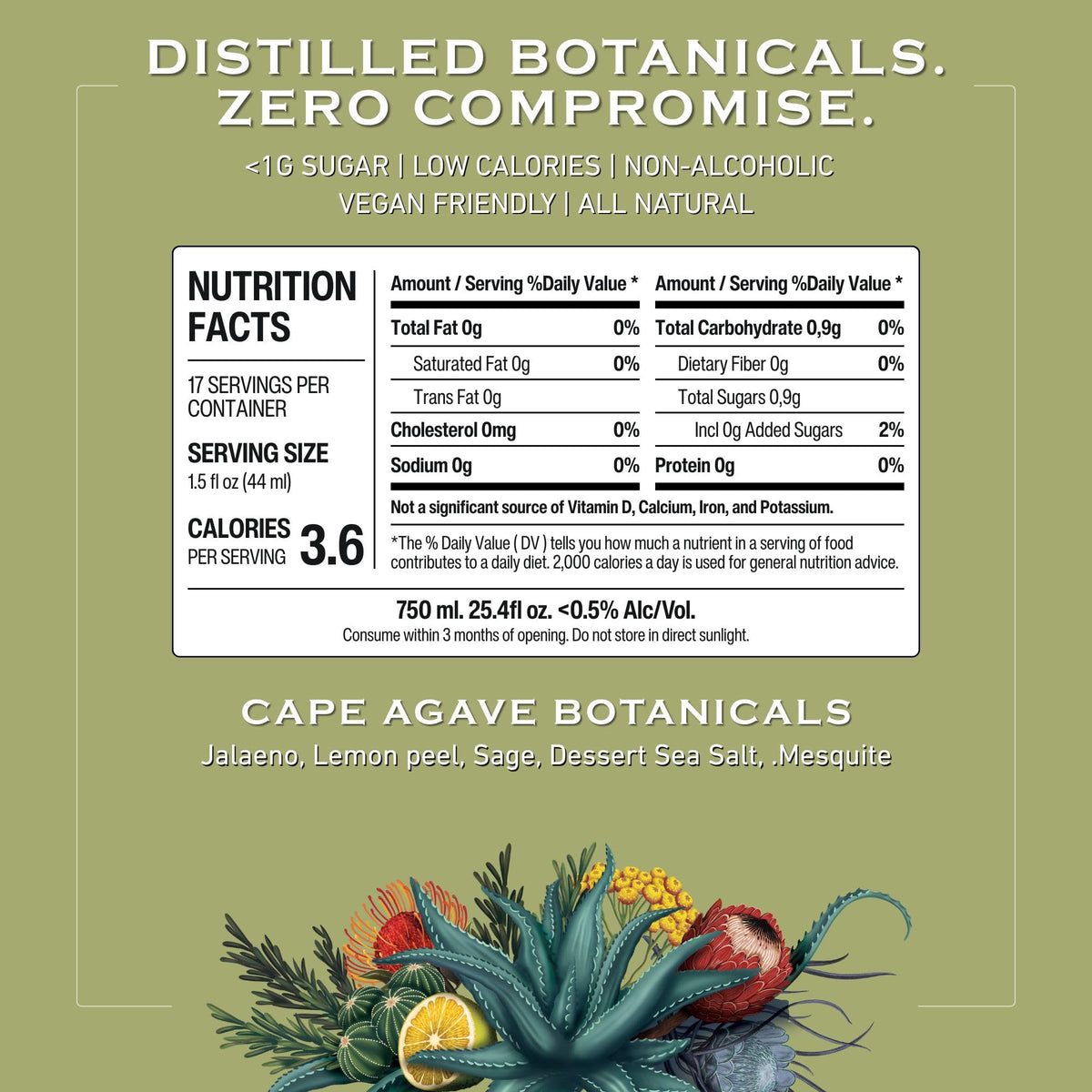 Abstinence Cape Agave ingredients display highlighting botanicals and agave notes.