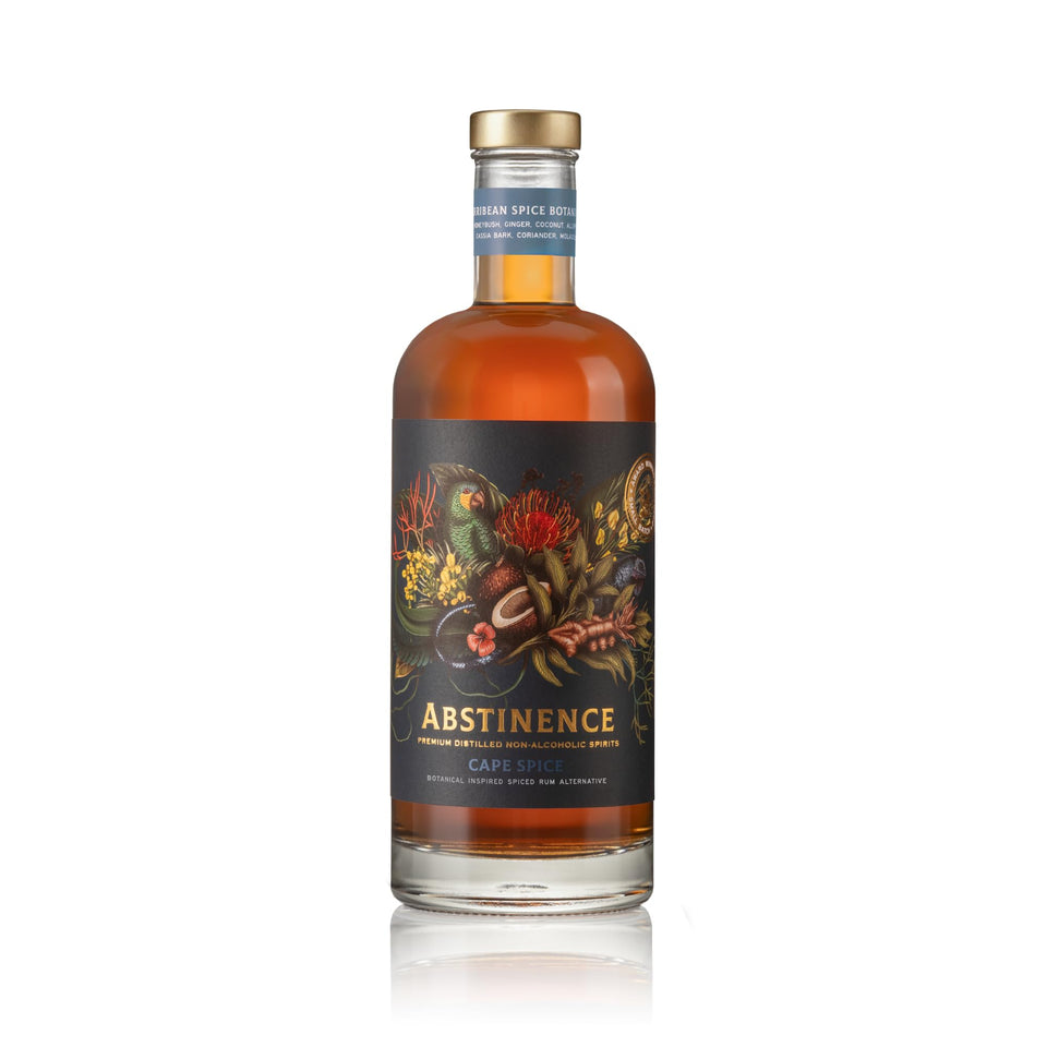 Abstinence Cape Spice bottle being poured, a bold zero-proof spirit for cocktails